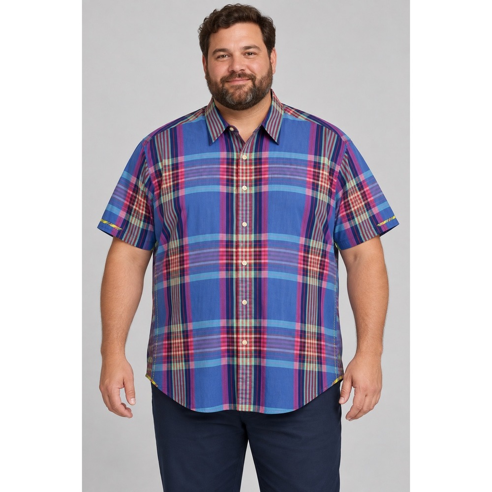 Robert Graham Mens 3XL Blue Plaid Striped Short Sleeve Cotton Button Down Shirt